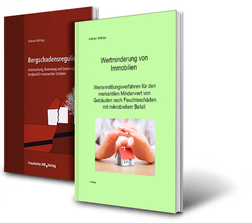 - Abbildung der Cover der Bücher "Bergschadensregulierung" und "Wertminderung von Immobilien" von Andreas Mollinga